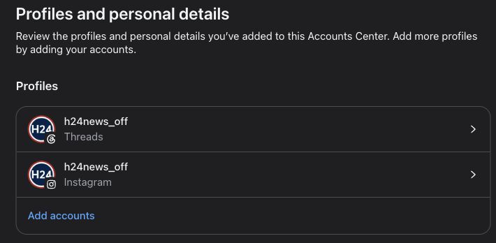 Meta Accounts Center profile list showing h24news_off on Threads and Instagram