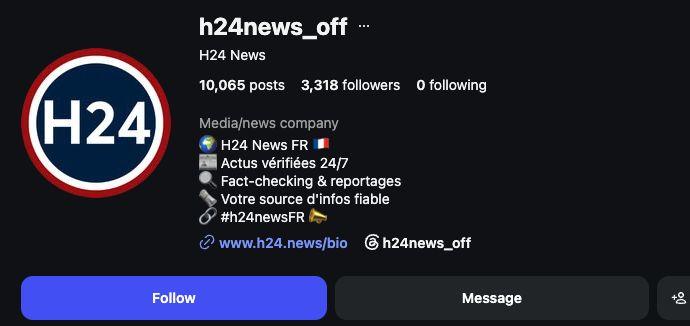 Threads badge and h24news_off username visible below the Instagram profile bio