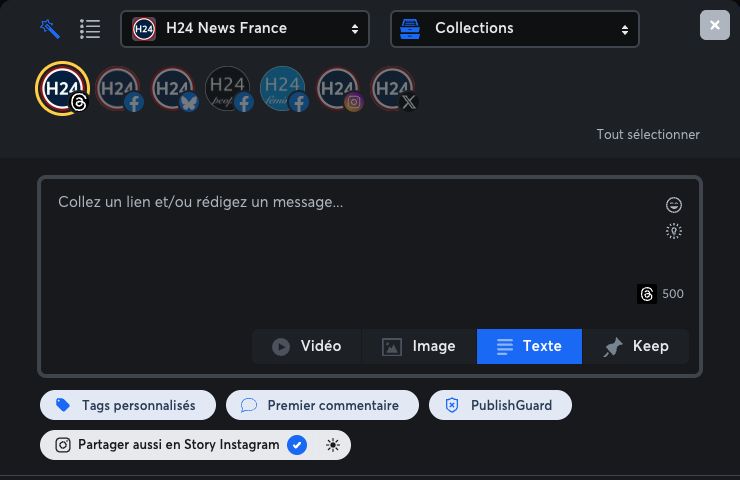 Nonli editor with the Threads account selected, Instagram Story sharing enabled and the light-mode control visible