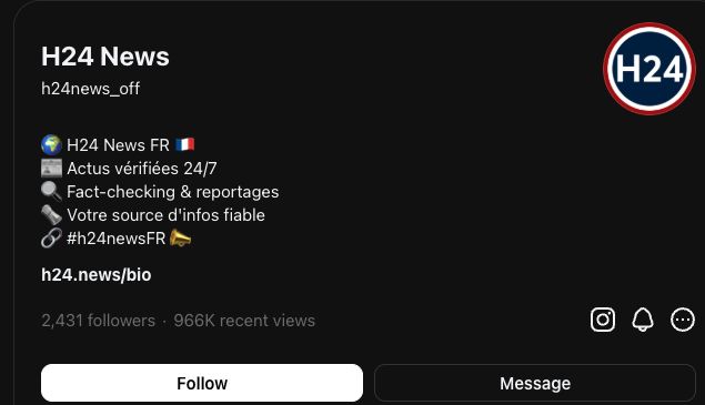 Instagram icon visible beside the follower information on the H24 News Threads profile