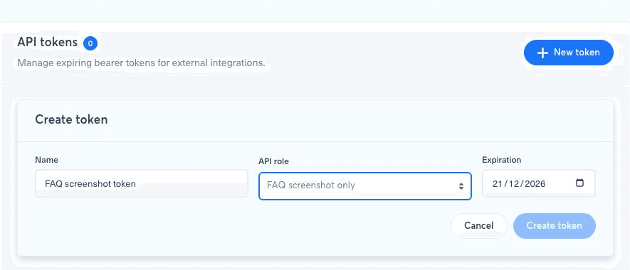 Formulaire de création d’un token API avec le nom, le rôle API et l’expiration