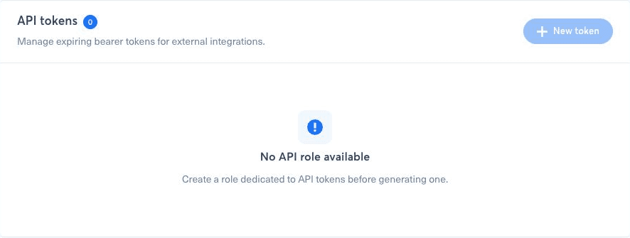 Section Tokens API indiquant qu’aucun rôle API n’est disponible
