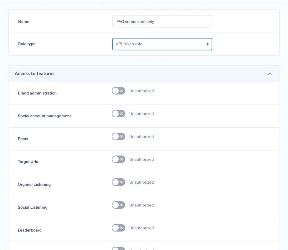 Formulaire de nouveau rôle avec le type Rôle token API sélectionné et les permissions désactivées par défaut