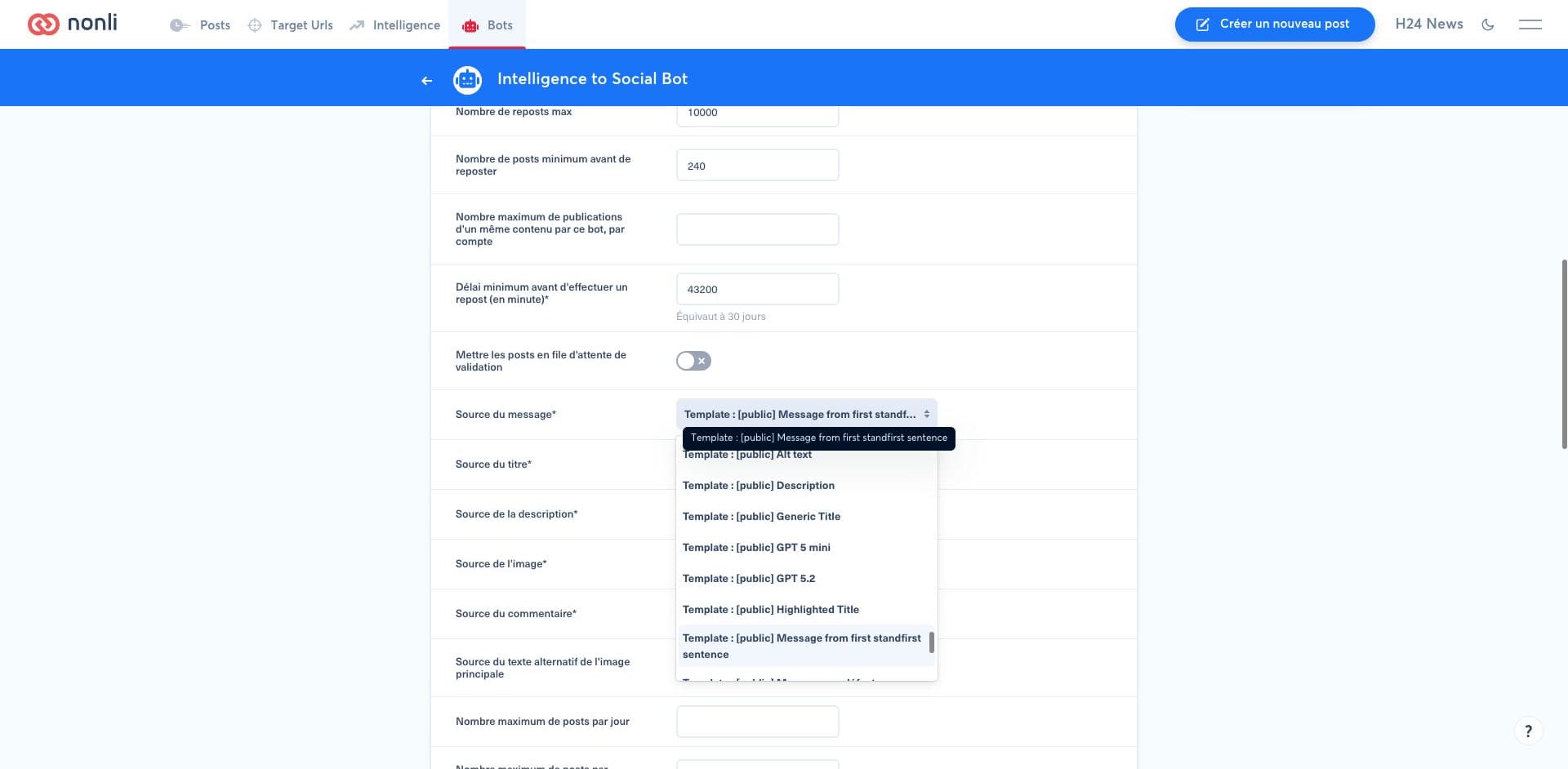 Nonli menu showing the complete Message from first standfirst sentence template name