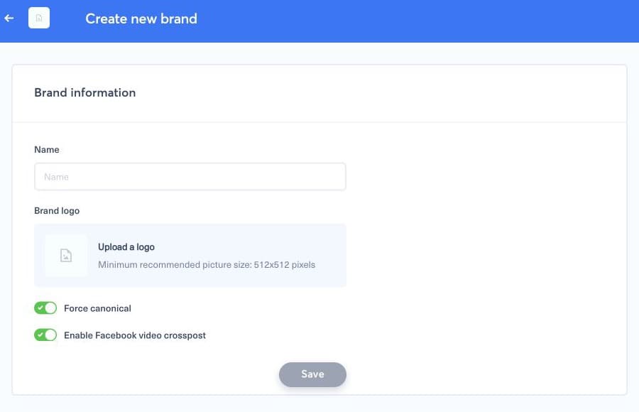 Formulaire vierge de marque avec le nom, le logo, l’URL canonique et le crosspost Facebook