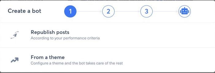 Current Nonli Create a bot dialog with Republish posts and From a theme choices