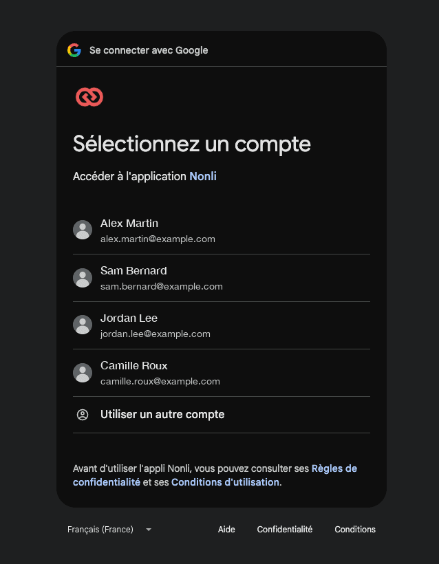 Google account chooser for signing in to Nonli, with example accounts (Google interface in French)