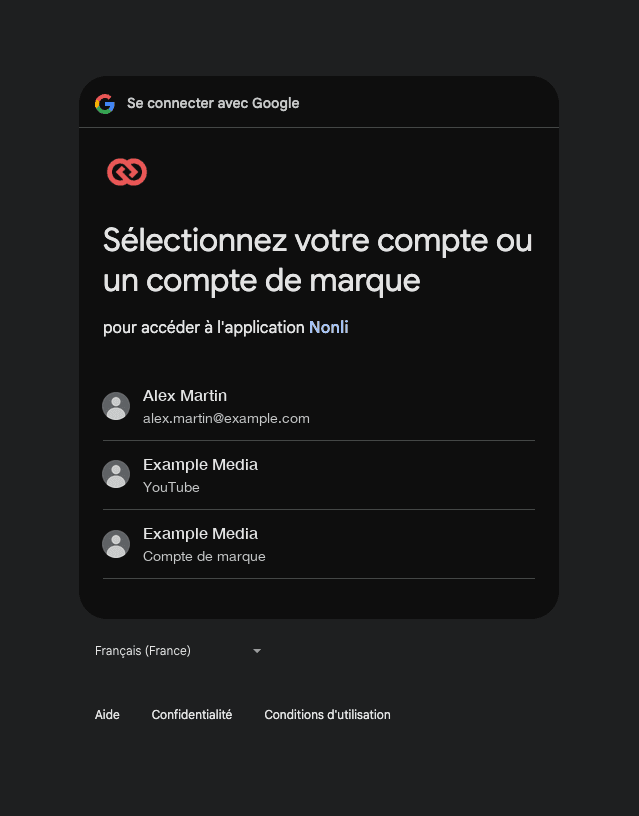 Google chooser offering a personal account, a YouTube channel and a Brand Account (Google interface in French)