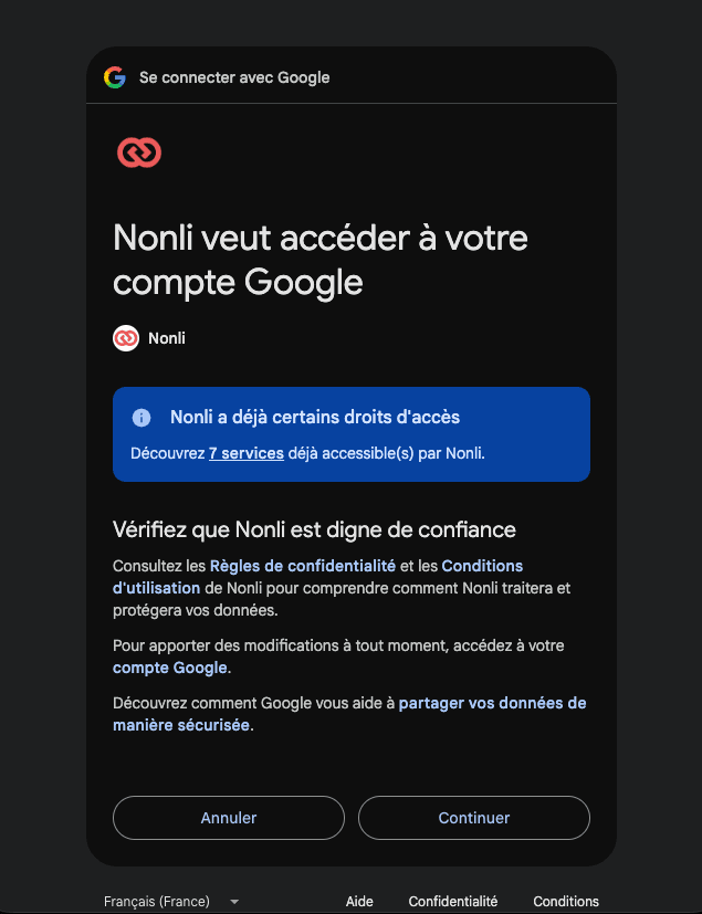 Google screen where Nonli asks for access to the Google account (Google interface in French)