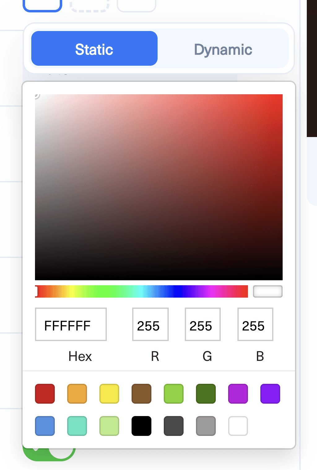The color popover with its Static and Dynamic tabs