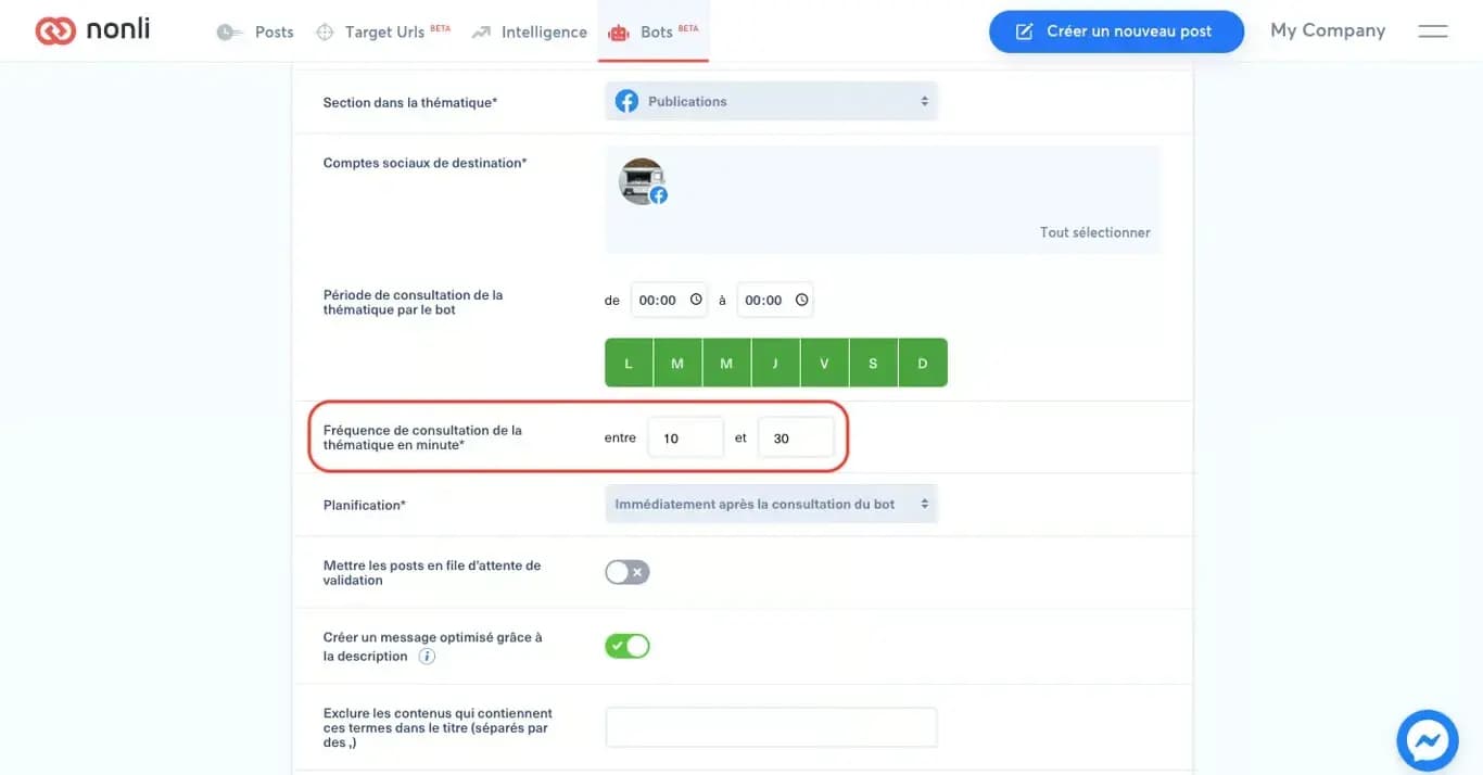 Qu'est-ce que la "Fréquence de consultation de la thématique par le bot en minute" ?