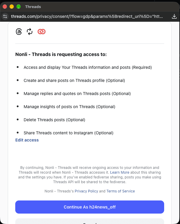 Meta consent screen listing Share Threads content to Instagram as an optional permission