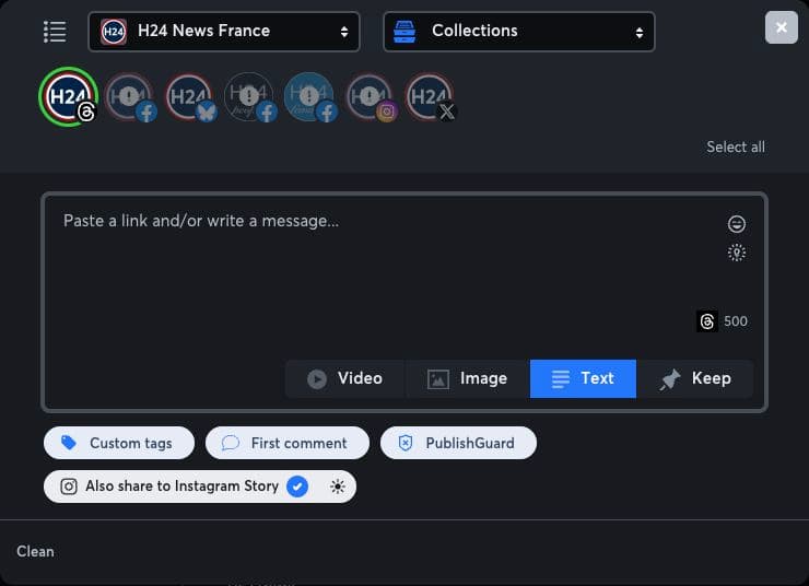 Nonli editor with the Threads account selected, Instagram Story sharing enabled and the light-mode control visible