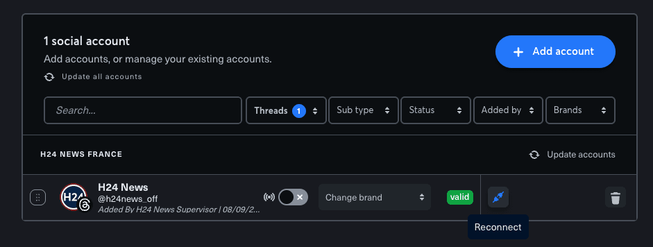Threads account row in Nonli with the blue Reconnect button highlighted