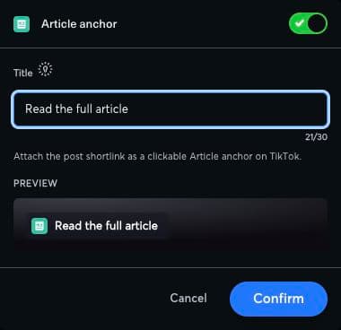 Panneau Article anchor de Nonli en anglais, avec l’option activée, un titre générique, le compteur de caractères et l’aperçu du lien