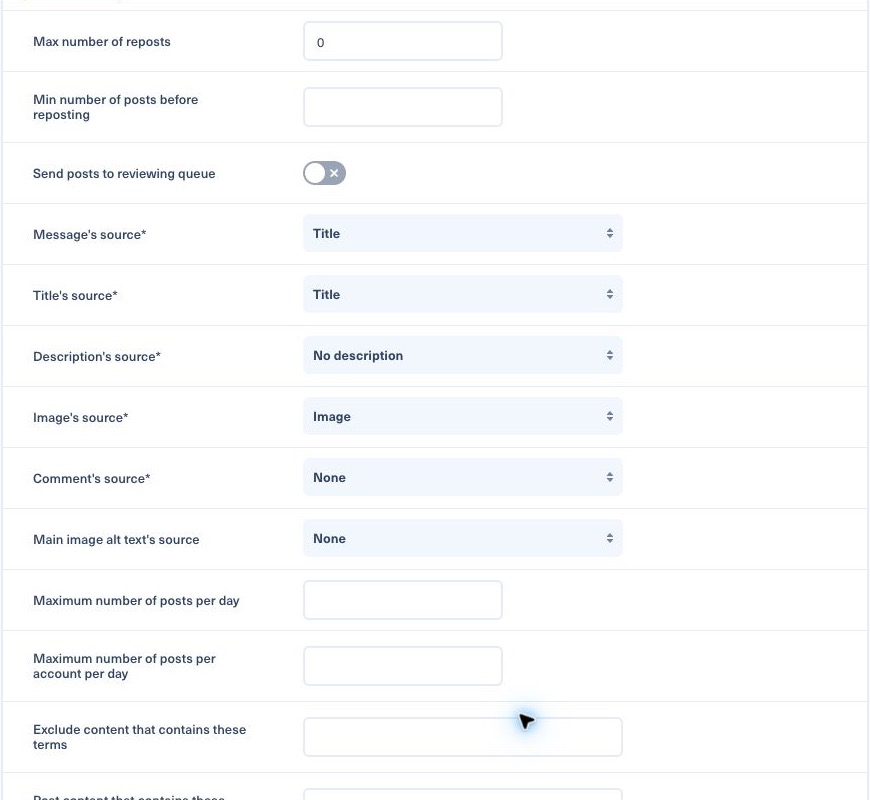 Réglages Nonli des reposts, de la file de validation, des sources du message et de l’image, des limites quotidiennes et des exclusions