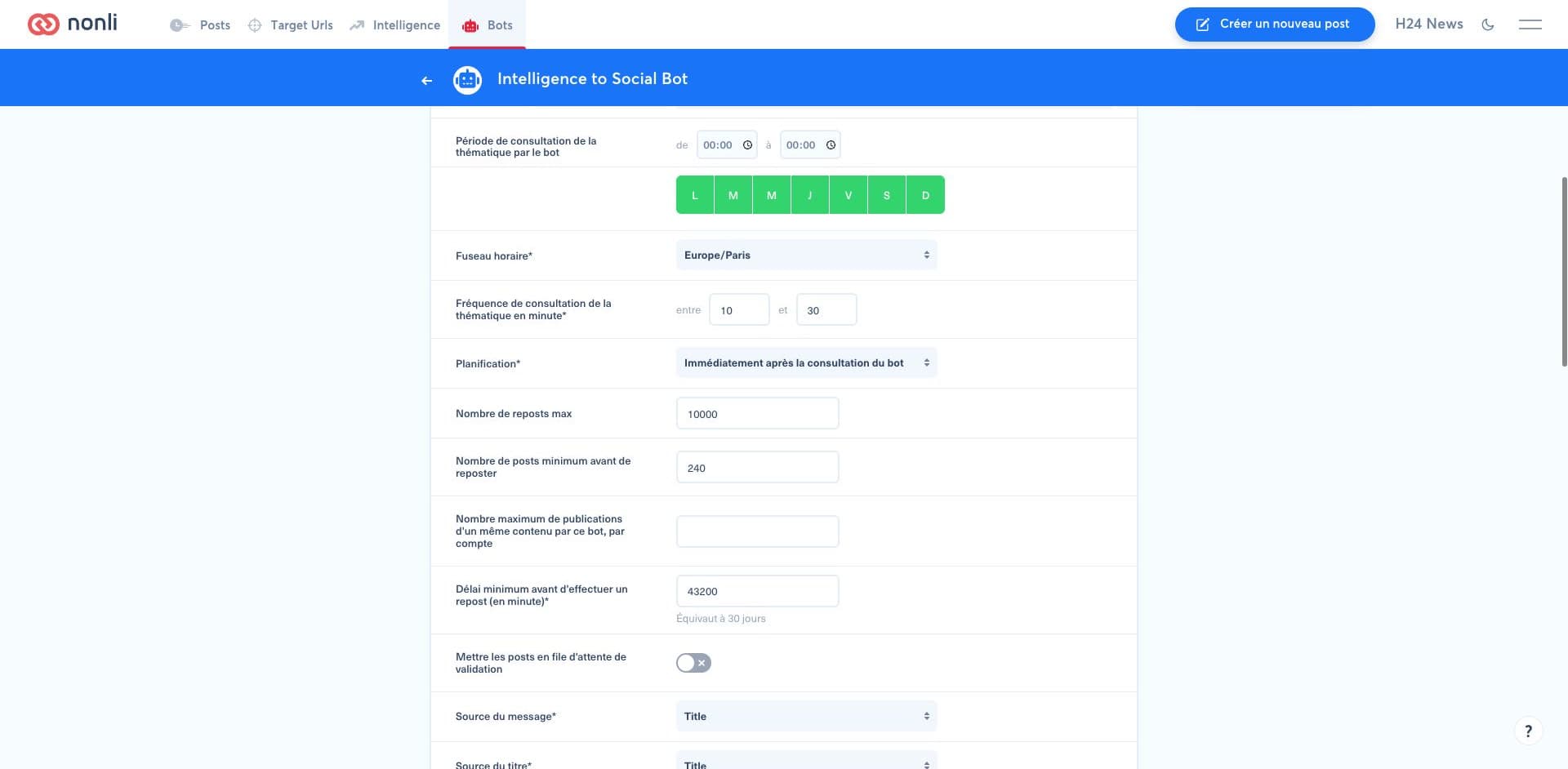 Intelligence to Social Bot settings with a 10,000 repost maximum, 240 intervening posts, and a 43,200-minute minimum time before reposting