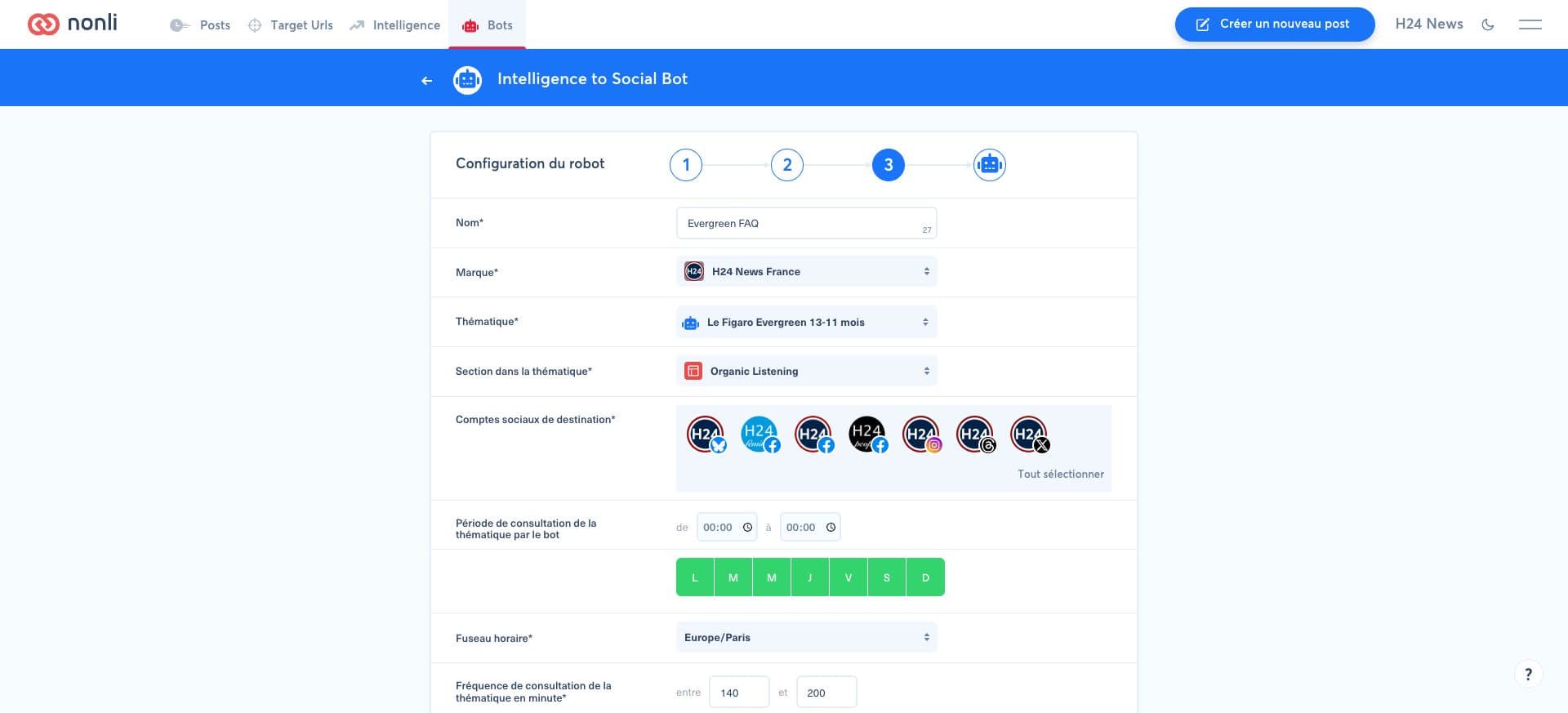 Intelligence to Social Bot settings for the H24 News France brand, an evergreen theme, Organic Listening, social accounts, active days, timezone, and consultation frequency