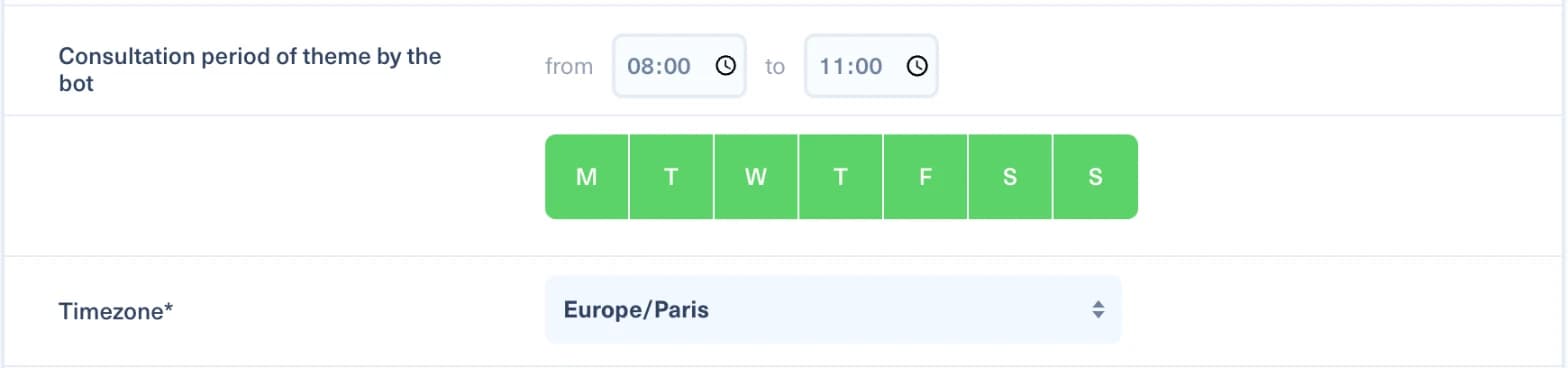 Formulaire de bot Nonli avec une période de consultation de 08:00 à 11:00 tous les jours de la semaine, sur le fuseau Europe/Paris