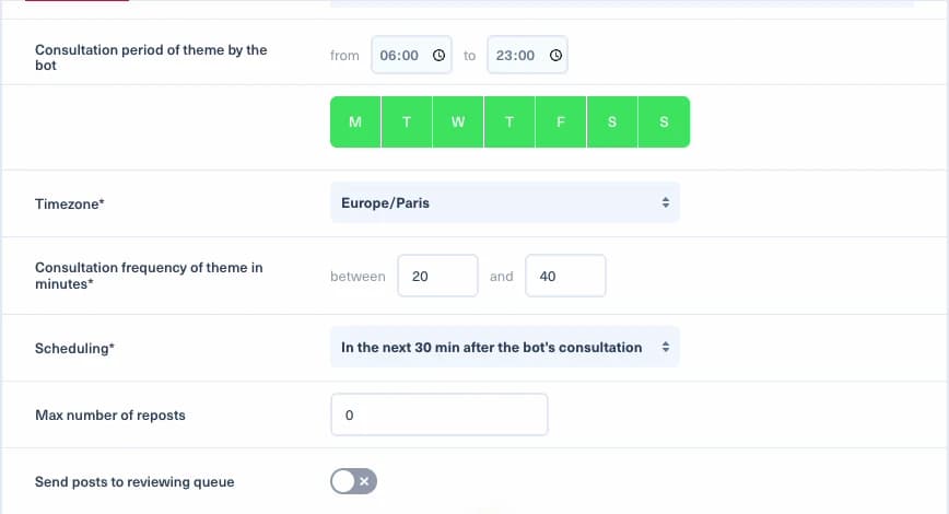 Formulaire du robot Nonli avec une période de consultation de 06:00 à 23:00 tous les jours, une fréquence entre 20 et 40 minutes et une planification dans les 30 minutes suivant la consultation