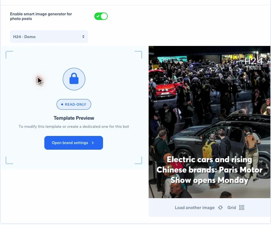Formulaire du robot Nonli avec le générateur Smart Image activé pour les posts photo, le modèle H24 - Demo sélectionné et un aperçu qui affiche le titre de l’article sur la photo