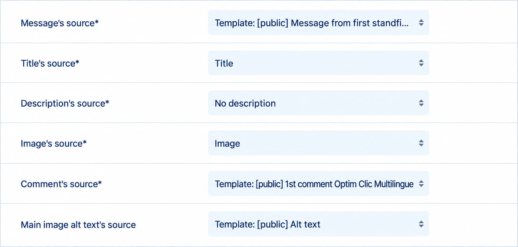 Réglages des sources de contenu d’un bot Nonli, avec le nom du modèle de message tronqué, le titre, aucune description, l’image, le premier commentaire Optim Clic Multilingue et le modèle Alt text