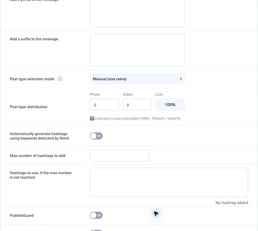 Réglages Nonli du type de publication, de la répartition lien-photo-vidéo, des hashtags et de PublishGuard