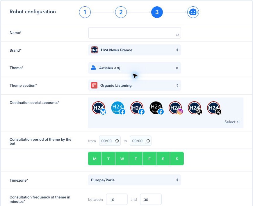 Configuration Nonli d’un robot avec la marque, la thématique, les comptes sociaux, les jours, le fuseau et la fréquence de consultation