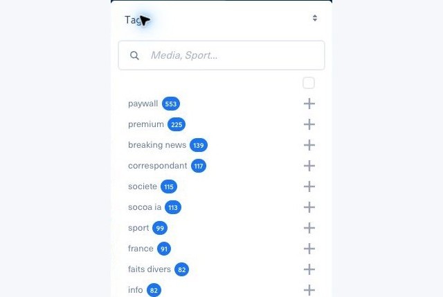 Filtre Tags de Nonli affichant le tag breaking news dans une thématique Intelligence