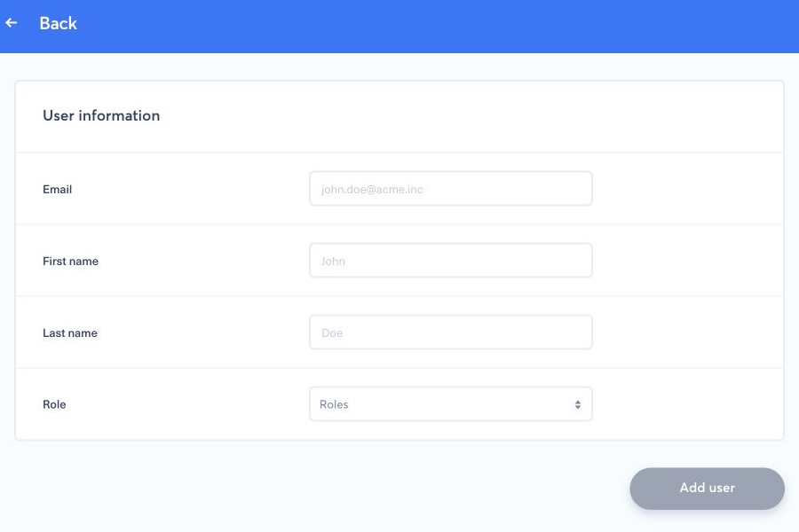 Blank user invitation form with email, first name, last name, and role fields