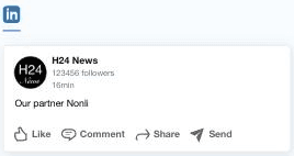 Aperçu LinkedIn dans le panneau de droite de l’éditeur Nonli, interface en anglais, montrant le texte de la publication avec la mention de la page Nonli