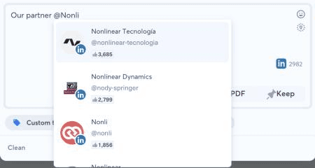 Éditeur de publication Nonli, interface en anglais, avec @Nonli tapé dans le message et trois suggestions de pages LinkedIn, chacune avec sa photo, le logo LinkedIn et son nombre d’abonnés