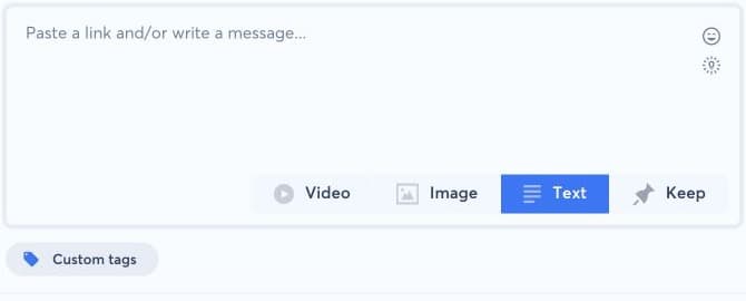 Post editor with message field and Video, Image, Text, Keep, and Custom tags controls