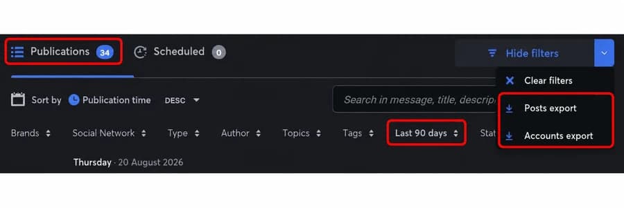 Nonli en anglais : filtre Last 90 days, 34 publications correspondantes et menu ouvert avec Posts export et Accounts export