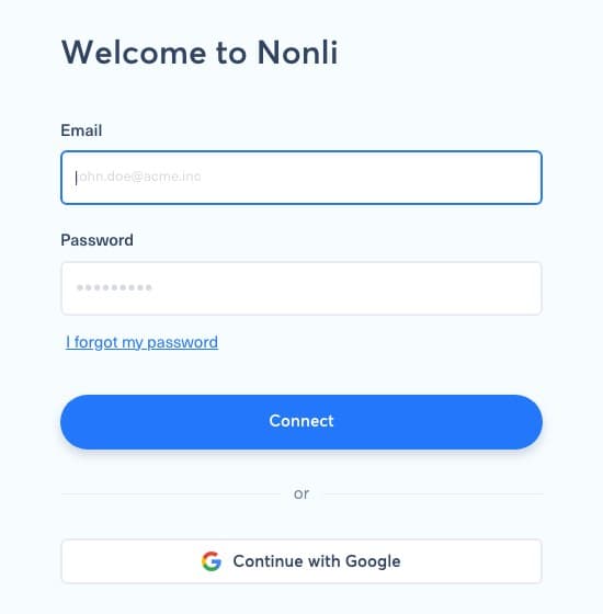 Page de connexion Nonli avec les champs Email et Password, le bouton Connect et Continue with Google