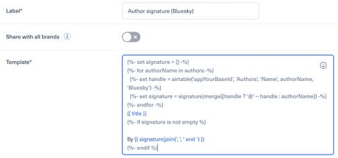 Formulaire de template Smart Message de Nonli, interface en anglais, avec le libellé Author signature (Bluesky) et le template dans le champ Template