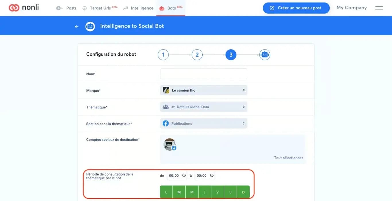 A quoi correspond la "Période de consultation de la thématique par le bot" ?