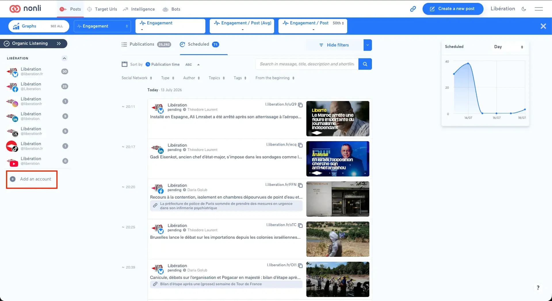 Le bouton Add an account dans le module Posts