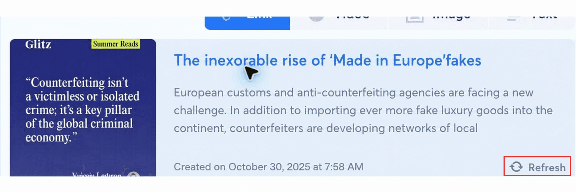 Gros plan sur le bouton Refresh encadré en rouge sous l’aperçu du document organique