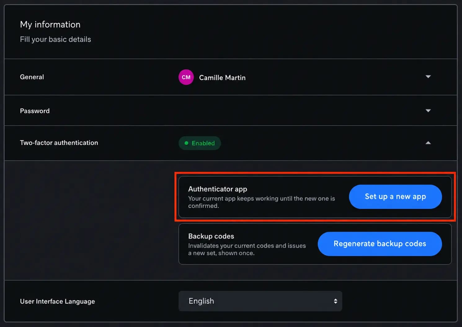 Réglages de la double authentification dépliés avec le bouton Set up a new app encadré à côté de la régénération des codes de secours