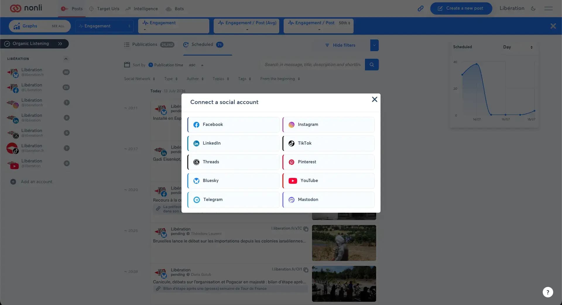 Les plateformes disponibles dans la fenêtre Connect a social account