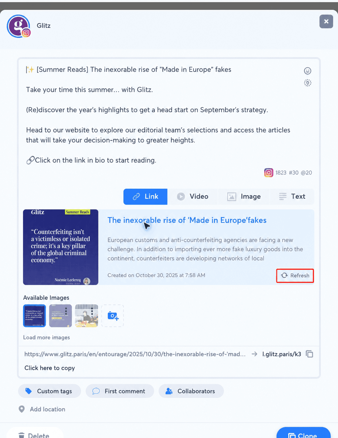 Modale d’un post en anglais avec le bouton Refresh encadré en rouge