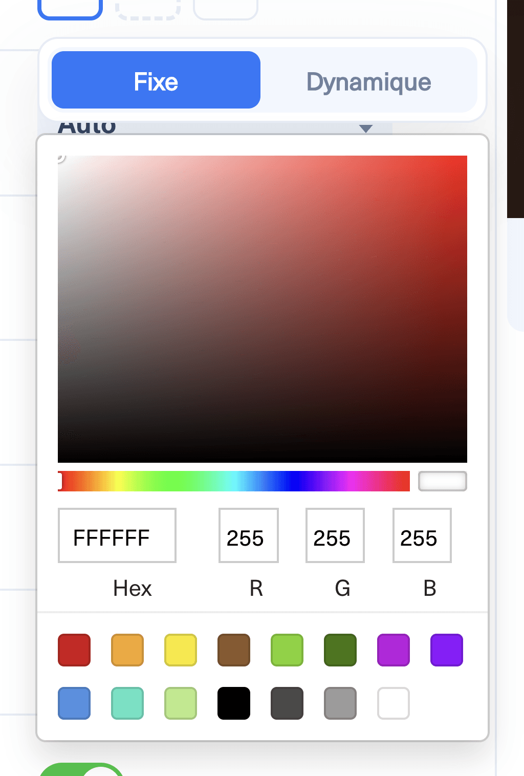 Le popover de couleur et ses onglets Fixe et Dynamique